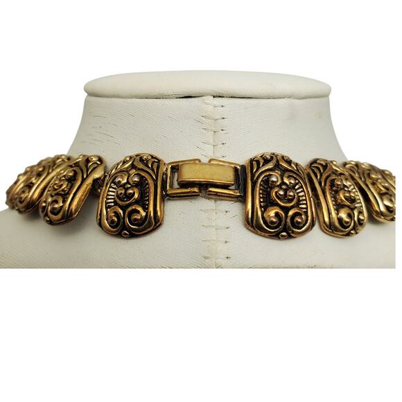 Ornate Antique Gold Tone Collar Necklace Panel Filigree Chunky Victorian Revival - Picture 3 of 9